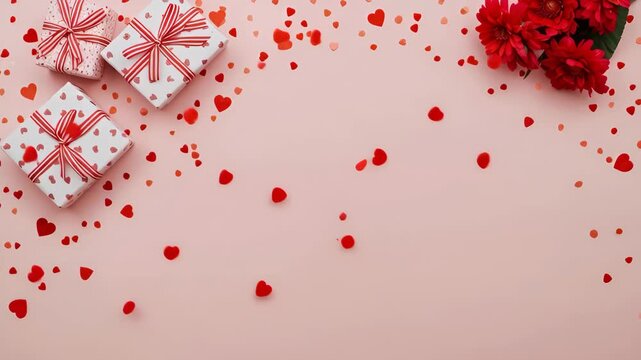 Elegant Gift Boxes Red Ribbons Heart Confetti Scattered on Pink Background and Flowers
