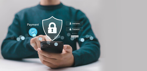 Person using smartphone with secure payment and login interface showing shield padlock icons, representing mobile cybersecurity, digital payment protection, online authentication, privacy financial