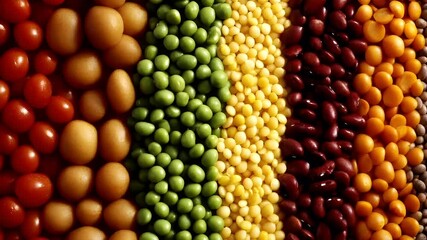 Organic food. Healthy quality lifestyle. A closeup view of a vibrant assortment of fresh vegetables and grains, including tomatoes, peas, corn, and legumes.
