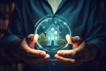 Human hands cradling a glowing digital house icon, symbolizing home protection and futuristic real estate
