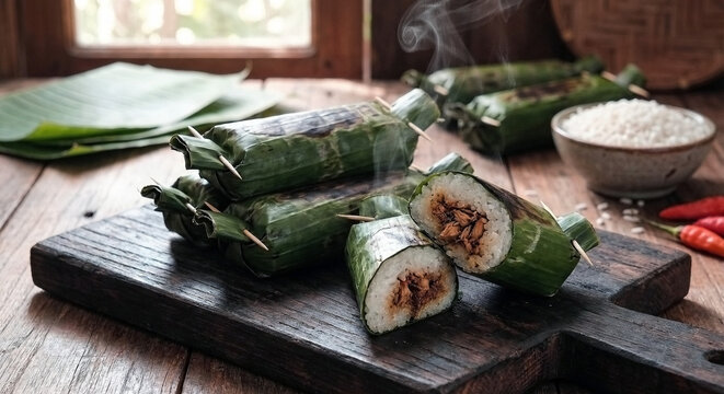 Authentic Lemper Ayam Savory Glutinous Rice Rolls Filled with Seasoned Shredded Chicken, Wrapped in Banana Leaves