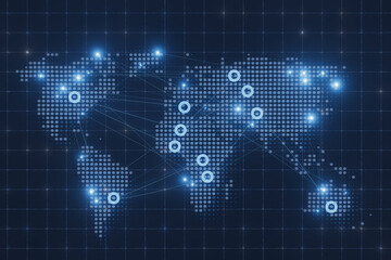 Obraz premium World map showing connections and data points across different regions in a grid layout at night