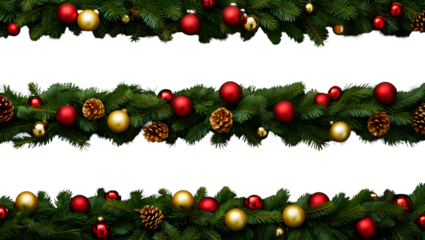 Festive christmas garland with red and gold ornaments pine branches and pinecones on transparent background