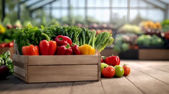Organic food. Healthy quality lifestyle. A vivid, fresh produce scene in a greenhouse setting. The main subject is a wooden crate filled with a variety of vegetables.