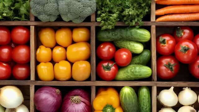 Organic food. Healthy quality lifestyle. A wooden box filled with assorted vegetables and fruits.