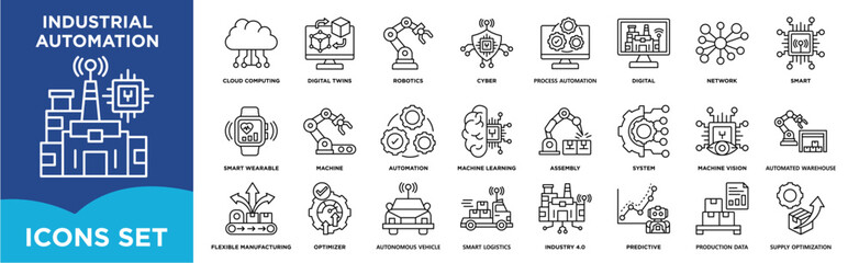 Industrial automation icon set featuring manufacturing systems, robotics, optimization, assembly line, monitoring, and automation concepts. Outline vector icons suitable for industrial 