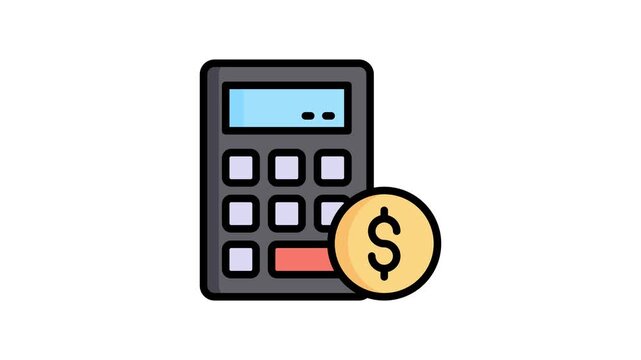 A captivating flat outline style animated icon of accounting calculator with dollar coin