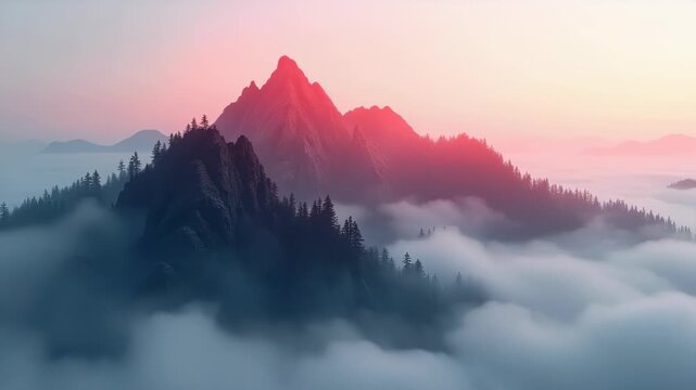 Misty mountain peaks at sunrise, pink sky illuminating layered ridges, fog rolling through pine forest valleys