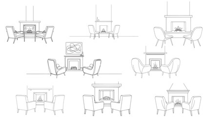 Obraz premium Vector line drawing of a warm fireplace with two comfortable chairs facing the hearth representing a cozy living room setup and peaceful home atmosphere in black and white