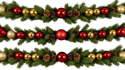 Festive christmas garland with red and gold ornaments and pinecones ideal for holiday decorations on transparent background