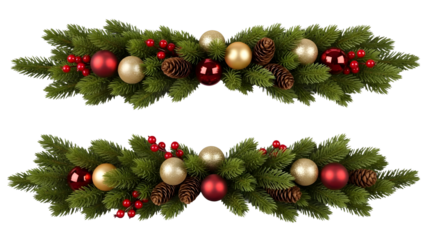 Festive christmas garland with pine branches golden and red ornaments and pinecones on transparent background