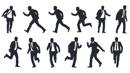 Fototapeta premium Collection of business people silhouettes in various running and walking poses on isolated white background.