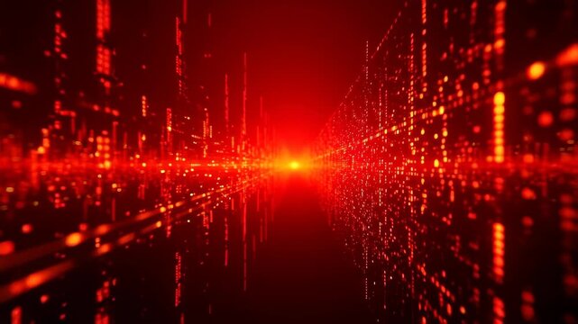 Abstract digital background with glowing red and orange lights converging towards a bright central horizon
