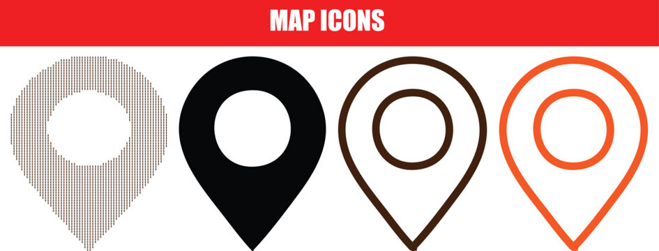 Versatile collection of map pin icons including solid black silhouette, thin line art, orange stroke, and unique halftone dot patterns for professional navigation app design, travel geography, and loc