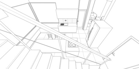 interior kitchen living room 3d illustration	
