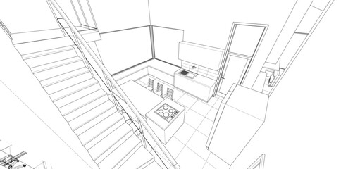 interior kitchen living room 3d illustration	
