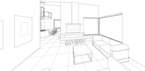 interior kitchen living room 3d illustration	
