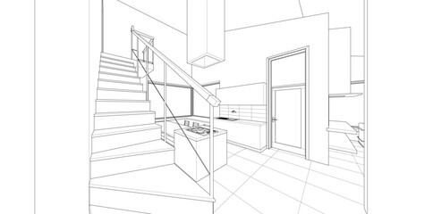 interior kitchen living room 3d illustration	
