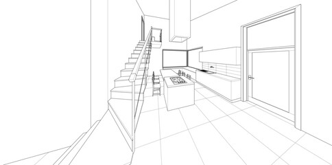 interior kitchen living room 3d illustration	
