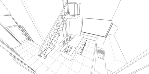 interior kitchen living room 3d illustration	
