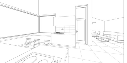 interior kitchen living room 3d illustration	
