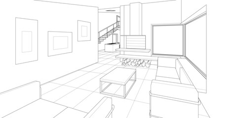 interior kitchen living room 3d illustration	
