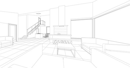 interior kitchen living room 3d illustration	
