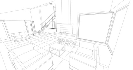 interior kitchen living room 3d illustration	
