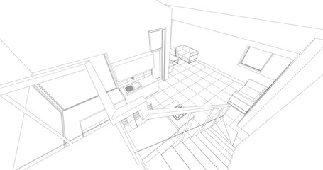 interior kitchen living room 3d illustration	
