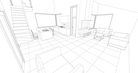 interior kitchen living room 3d illustration	
