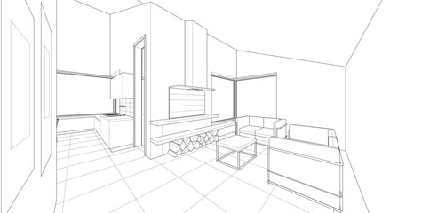 interior kitchen living room 3d illustration	
