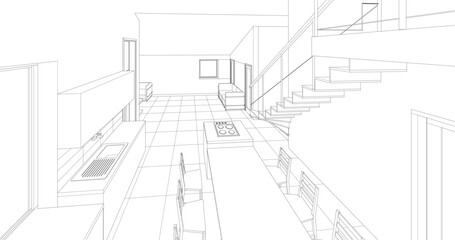 interior kitchen living room 3d illustration	
