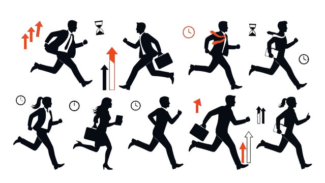 Diverse group of business people running with briefcases, surrounded by clocks and growth arrows, symbolizing urgency and progress on an isolated white background.