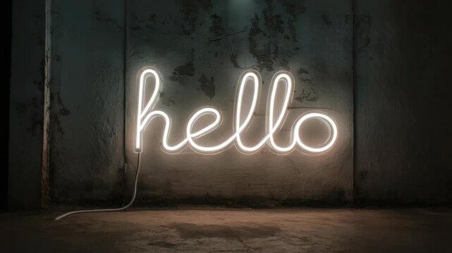 Neon hello sign on grungy wall with ambient lighting
