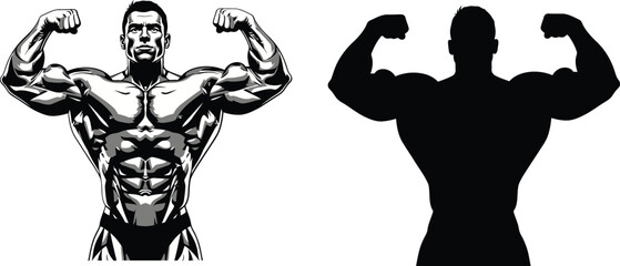 Muscular man posing with flexed biceps and defined physique in black and white illustration