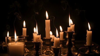 Moody still life of candle flames in darkness, spiritual meditation