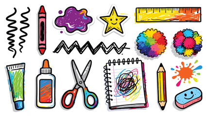 Colorful array of art supplies and creative elements on a white background