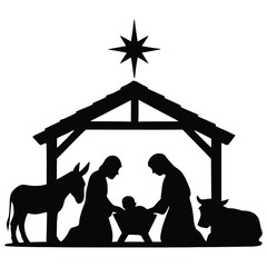 Nativity scene silhouette with Mary, Joseph, and baby Jesus under a star