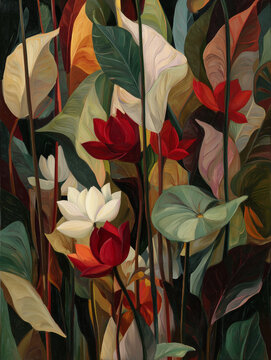 Abstract composition with lush foliage and many red lotus flower , vertical orientation, overlapping leaves, warm earthy tones: ivory, beige, black, deep brown, vivid red, AI generated