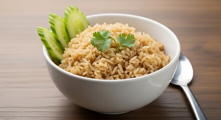 Rice bowl on wood table.