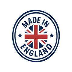 Produced in England badge illustration. England origin label with UK flag. British product quality round emblem design.