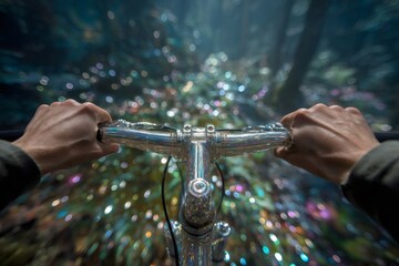 Human hands holding polished handlebars, riding a bicycle through a vibrant, blurred forest with sparkling bokeh lights
