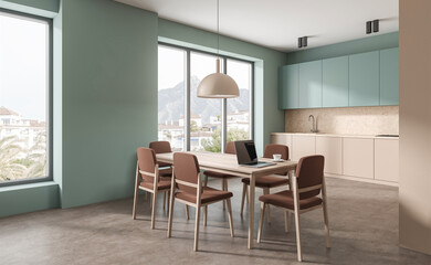 Contemporary kitchen interior with mint green walls, pastel cabinets, and wooden dining table, mountain view in background, clean minimal design. 3D Rendering