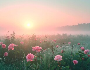 Obraz premium Dreamy Pink Rose Garden at Dawn with Dew and Misty Forest Backdrop