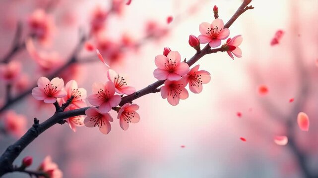 Pink cherry blossoms blooming on branch, delicate sakura flowers with falling petals, soft bokeh background