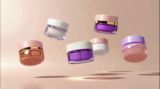 Elegant beauty product containers in pastel colors gently levitating against a soft, illuminated backdrop.