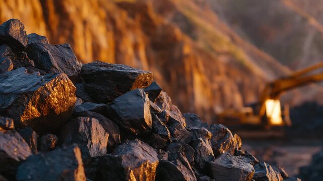 4Macro shot of unprocessed coking coal chunks piled unevenly, glowing highlights from low warm sun, silhouettes of heavy machinery moving softly out of focus behind
