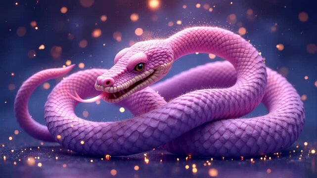 Pink fantasy snake coiled elegantly with detailed scales and glowing particles, mythical serpent creature in soft purple bokeh background with magical dust aura, concept of chinese zodiac, fantasy art