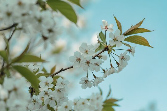 Blooming branch of alycha cherry tree blossom behind wet glass on blue background. Copy space
