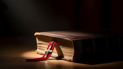Dark still life of holy book corner with bookmark, contemplative mood